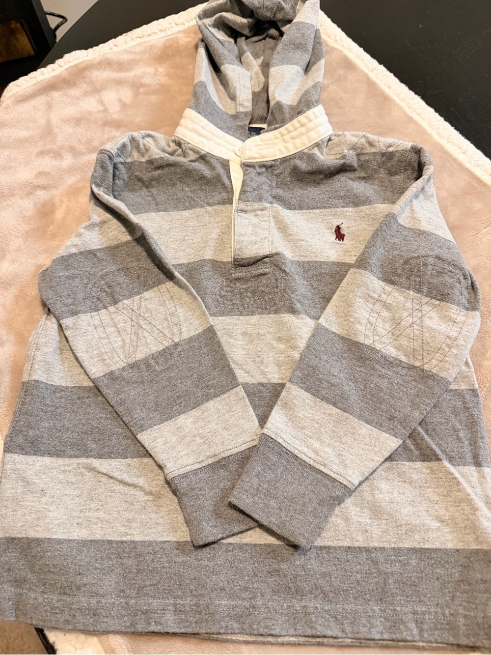 Polo by Ralph Lauren Gray and Light Gray Striped Hooded Rugby Sweater
